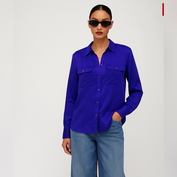 Silky Tops - Vintage Silk Blue Button Down Shirt | Size Medium